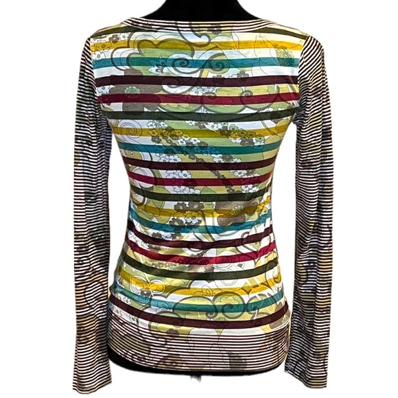 ANTHROPOLOGIE DAY TRIP FLORAL STRIPE V-NECK LONG SLEEVE TEE IN VINTAGE COLORS - Picture 2 of 5